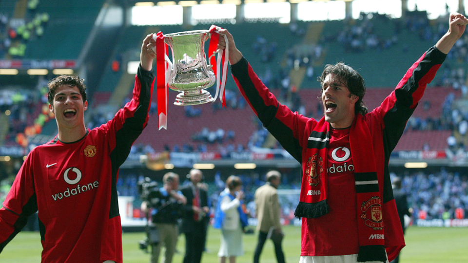 A 19-year-old Cristiano Ronaldo (left) and Ruud van Nistelrooy celebrate Manchester United's 2004 FA Cup final win over Millwall