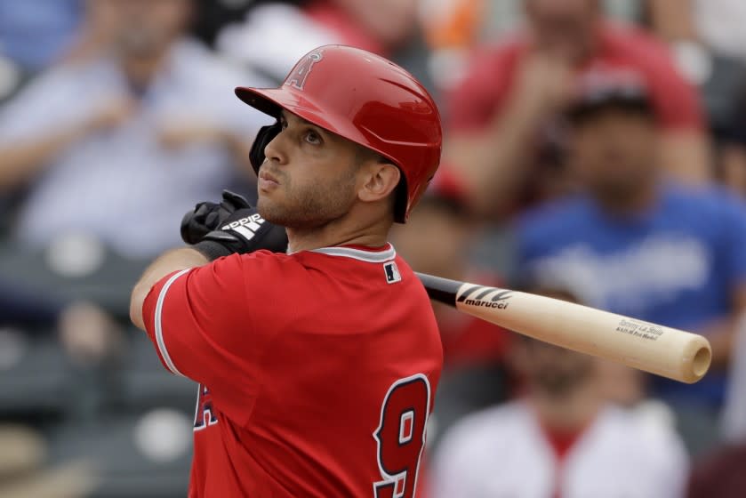 Los Angeles Angels' Tommy La Stella bats.