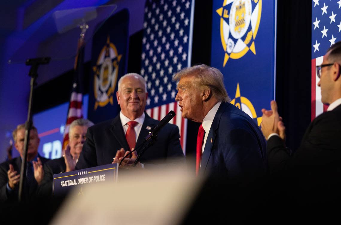 Former President Donald Trump speaks during the Fraternal Order of Police in Charlotte, N.C., on Friday, September 6, 2024.