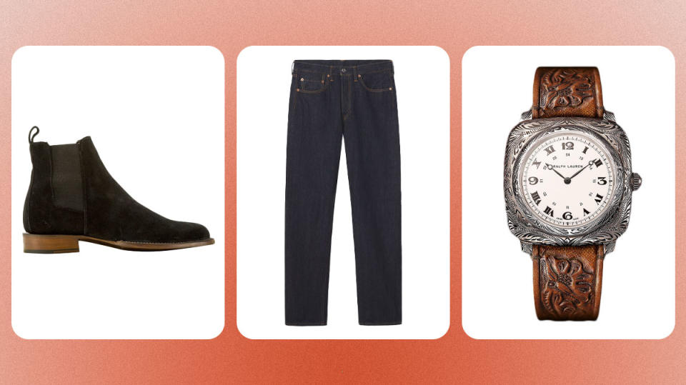 Lucchese’s Grayson boot; Buck Mason denim; Ralph Lauren watch.