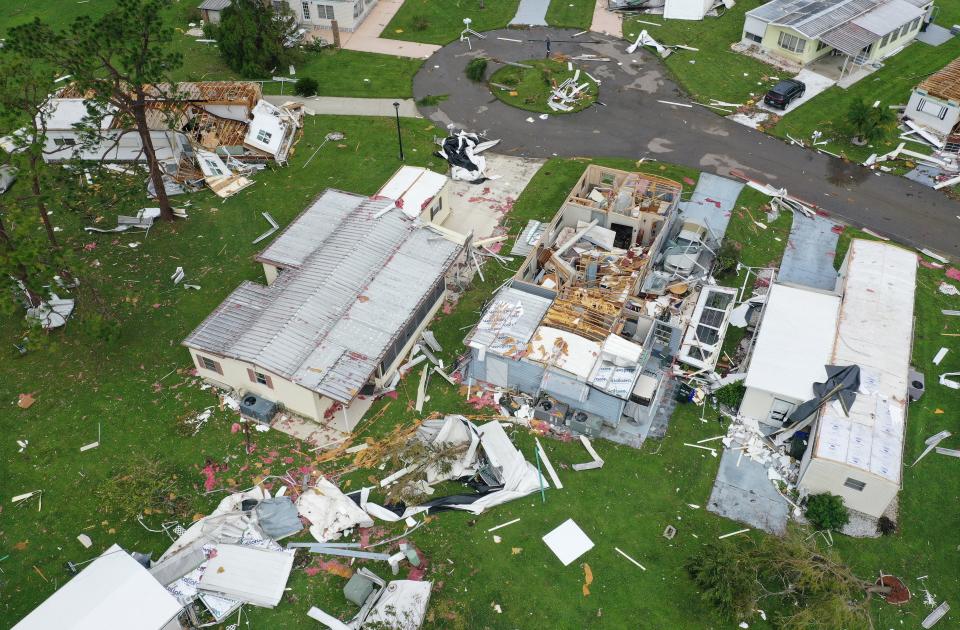 Strong winds from Hurricane Ian devastated Holiday Park, a mobile home community in North Port. Nearby residents said many elder residents age 65 and older live in the community, and that they were evacuated before the storm.