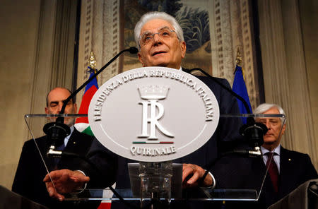 FILE PHOTO: Italian President Sergio Mattarella speaks to the media during the second day of consultations at the Quirinal Palace in Rome, Italy, April 5, 2018. REUTERS/Alessandro Bianchi/File Photo