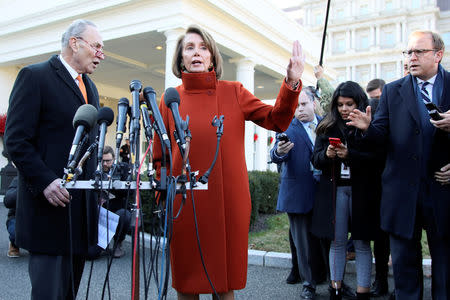 U.S. Senate Minority Leader Chuck Schumer (D-NY) and House Speaker designate Nancy Pelosi (D-CA) speak to reporters after meeting with U.S. President Donald Trump at the White House in Washington, U.S., December 11, 2018. REUTERS/Jonathan Ernst