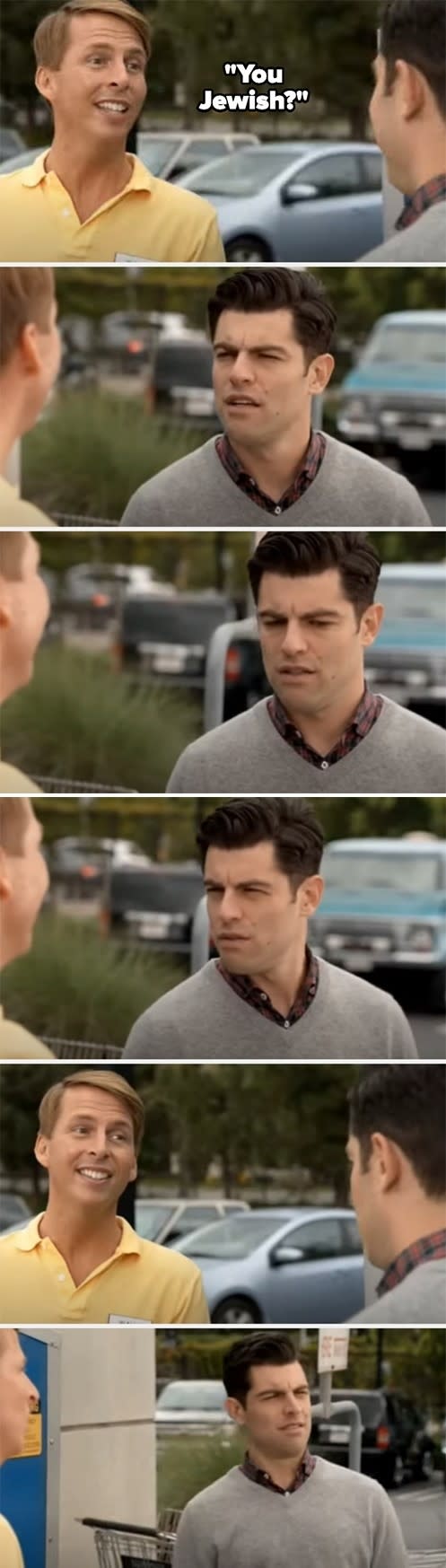 man on new girl asks schmidt if he's jewish and schmidt makes a series of confused faces