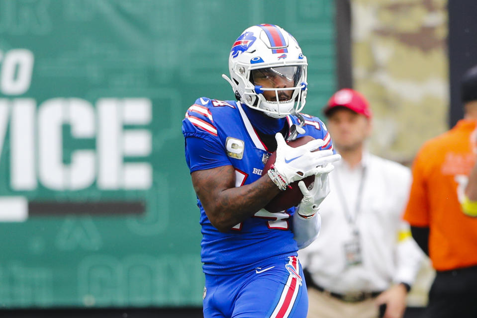 Buffalo Bills wide receiver Stefon Diggs (14) catches a pass during the first half of an NFL football game New York Jets, Sunday, Nov. 6, 2022, in East Rutherford, N.J. (AP Photo/Noah K. Murray)