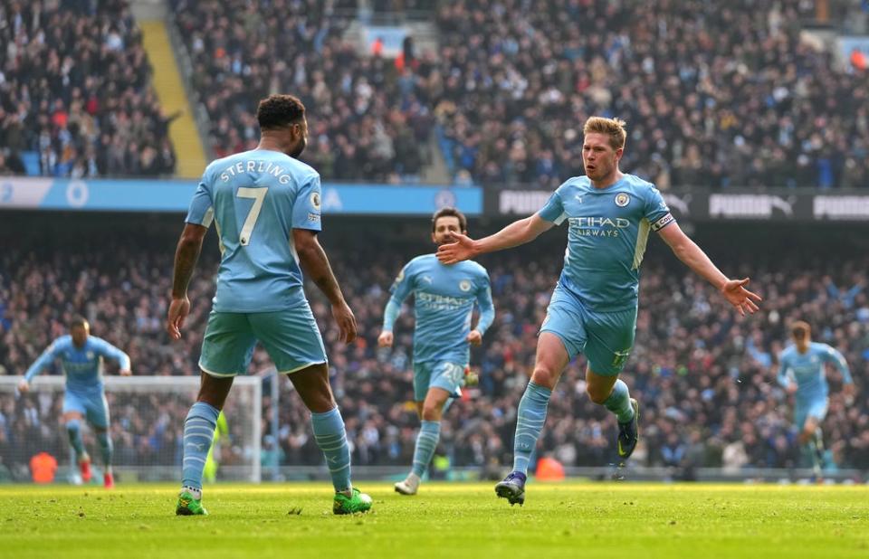 Kevin De Bruyne celebrates scoring City’s crucial winner (Manchester City FC via Getty Ima)