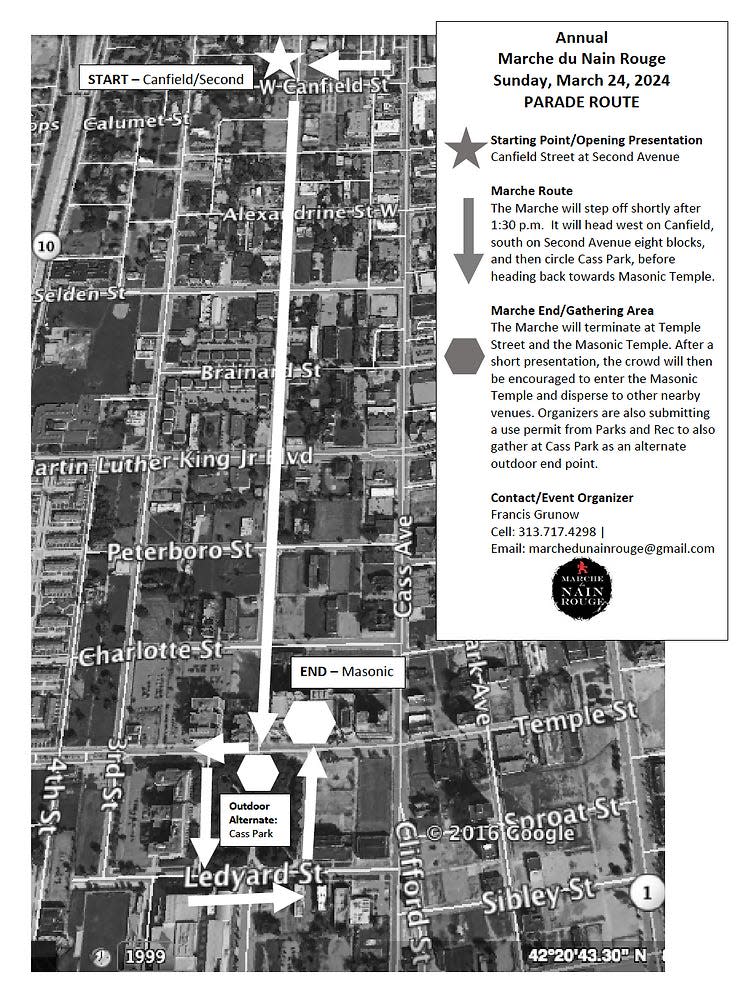 Marche du Nain Rouge 2024 Parade Route begins at the intersection of Canfield Street and Second Avenue at 11 a.m. before marching about 10 blocks, ending at Temple Street.