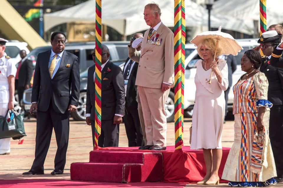 <p>Prince Charles and Camila attend a welcoming ceremony hosted by the President and First Lady of Ghana at Jubilee House. The ceremony was marked with a 21-gun salute. </p>