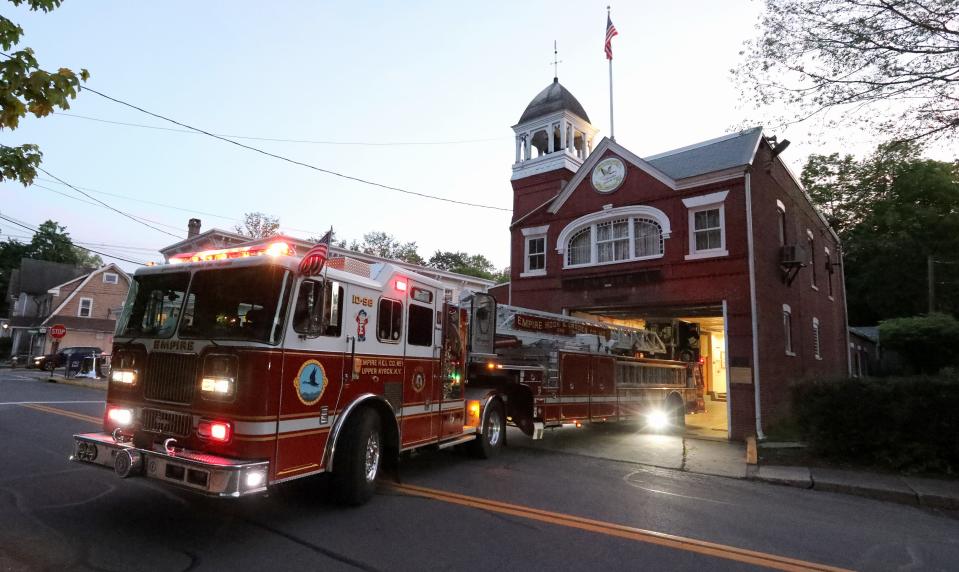 The ladder truck returns to Nyack Fire Department's Empire Hook & Ladder Company #1 on Broadway after a call May 8, 2024. Welles Remy Crowther, the Man in the Red Bandana, was a member of the company along with his father, Jefferson.