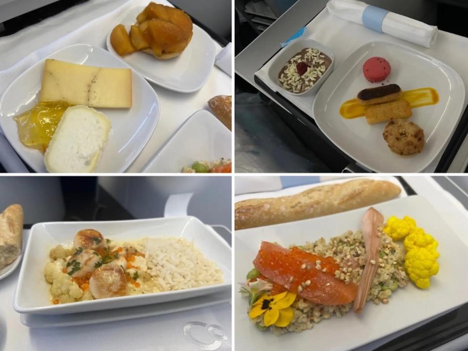 Photo collage of La Compagnie's meals, including a meal with cheese and pastry, a meal of pastries and pudding, a meal of scallop and rice dish, and a serving of salmon salad.