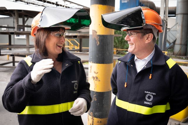 Labour leader Sir Keir Starmer and shadow chancellor Rachel Reeves watch a stainless steel making process during a visit to Outokumpu Stainless Ltd in Sheffield, South Yorkshire