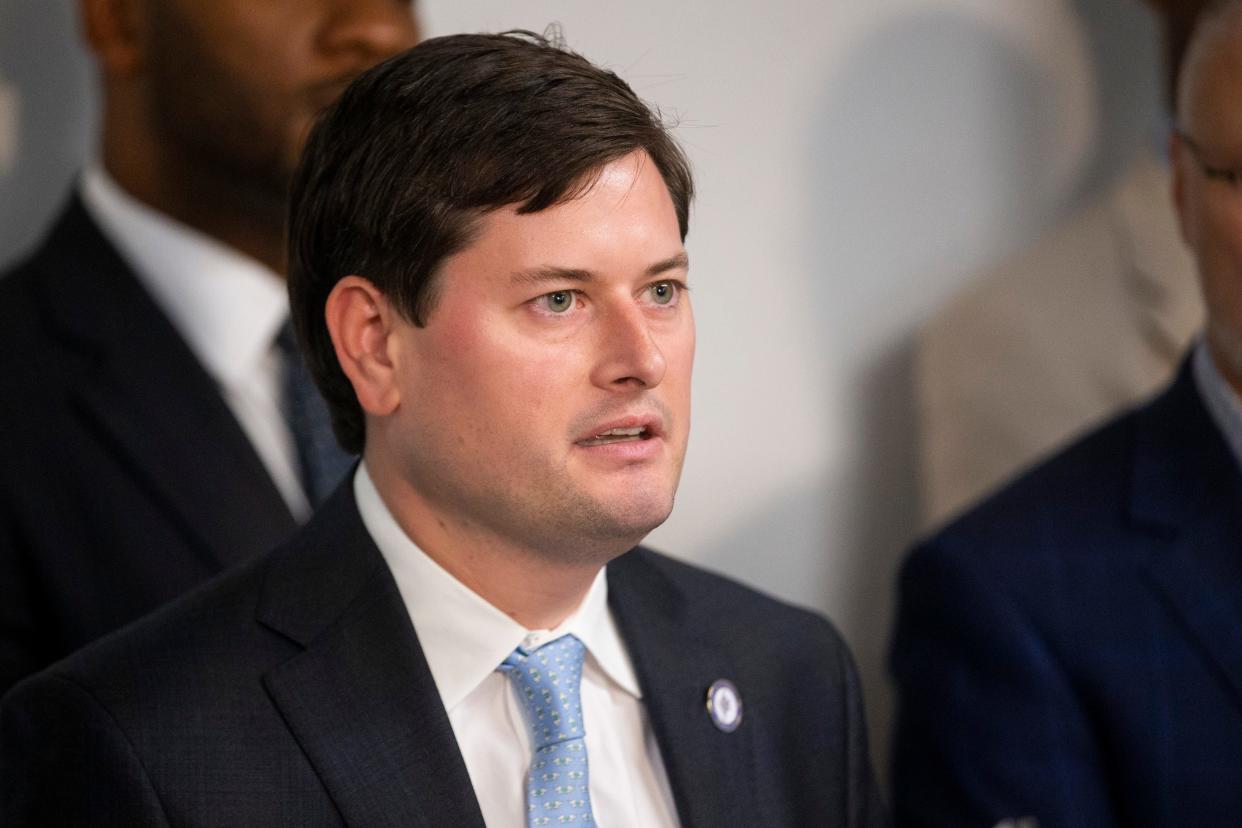 State Rep. John Gillespie speaks during a press conference after taking part in a summit with other state and local officials and community organizers to talk about reducing crime in Memphis at the Urban Child Institute in Crosstown Concourse on Thursday, August 31, 2023.