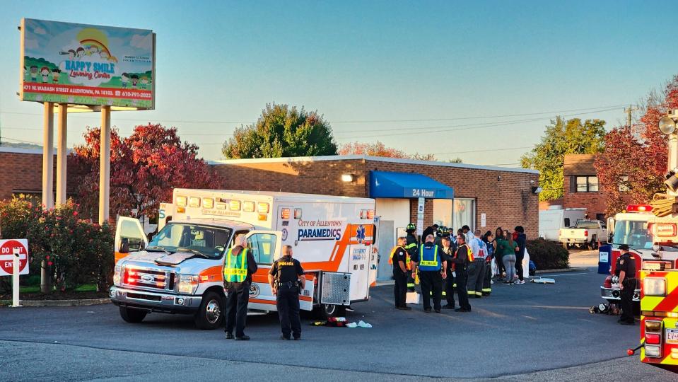 Emergency responders work on the scene of a carbon monoxide leak at a day care center in Allentown, Pa. on Tuesday, Oct. 11, 2022.