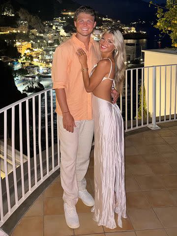 <p>Nicolette Dellanno/Instagram</p> Zach Wilson (left) and fiancée Nicolette Dellanno in Italy