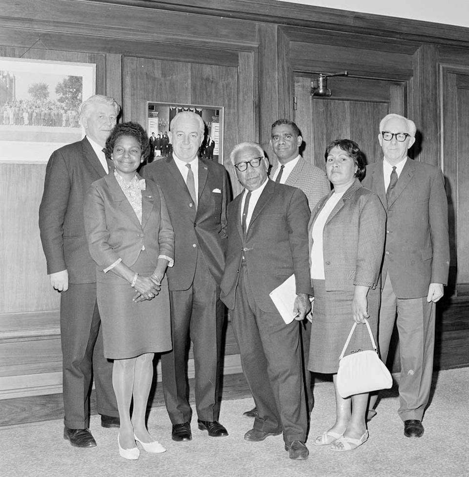 Faith Bandler (second from left) and Harold Holt (third from left) meeting during the campaign. <a href="https://commons.wikimedia.org/wiki/File:Harold_Holt_and_FCAATSI.jpg" rel="nofollow noopener" target="_blank" data-ylk="slk:National Archives of Australia;elm:context_link;itc:0;sec:content-canvas" class="link ">National Archives of Australia</a>