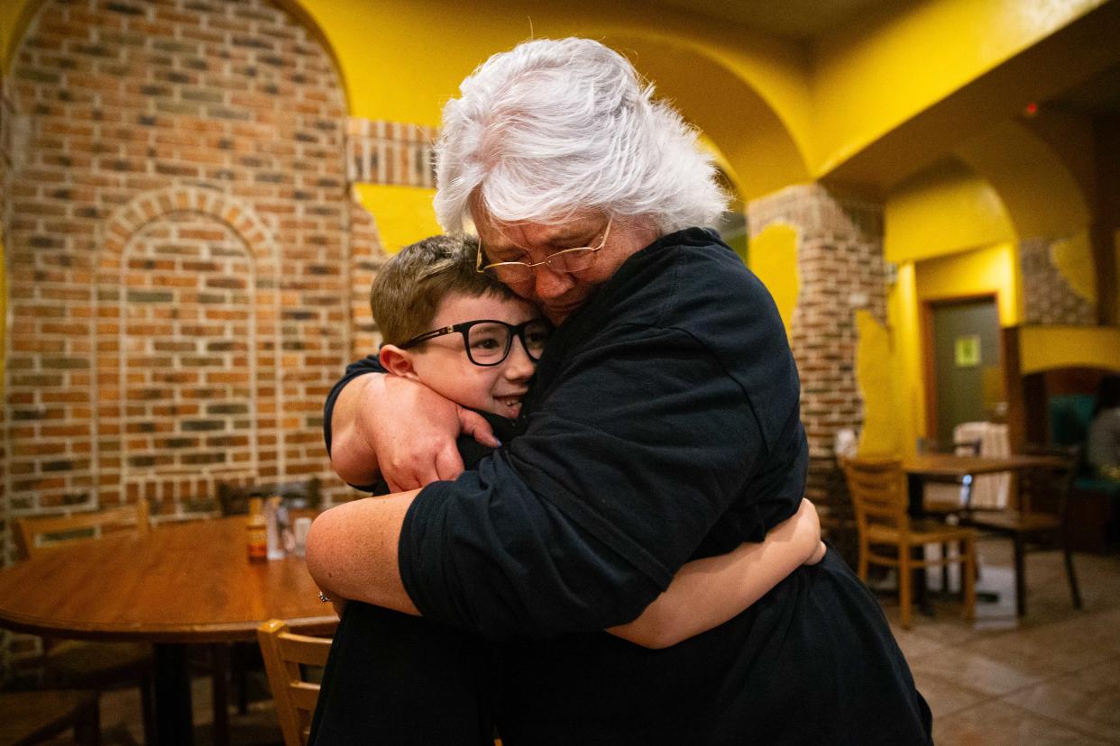 Sharon Banicki, right, hugs her 6-year-old grandson, Emmitt Banicki, after Sharon was announced as the St. Joseph County Recorder elect on Tuesday, May 7, 2024, at Hacienda Mexican Restaurant on Miami Street in South Bend.
