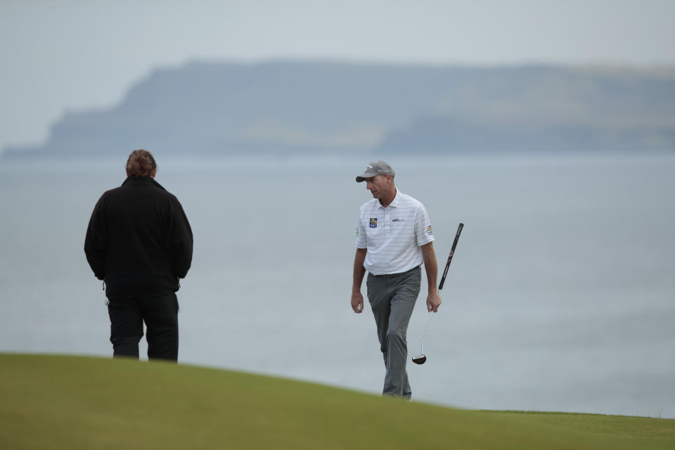 Jim Furyk of the United States walks on the 5th green during a practice round at Royal Portrush Golf Club, Northern Ireland, Monday, July 15, 2019. The148th Open Golf Championship begins on July 18. (AP Photo/Jon Super)