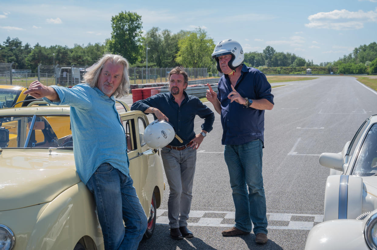 Jeremy Clarkson, James May, and Richard Hammond star in The Grand Tour: Eurocrash. (Prime Video)