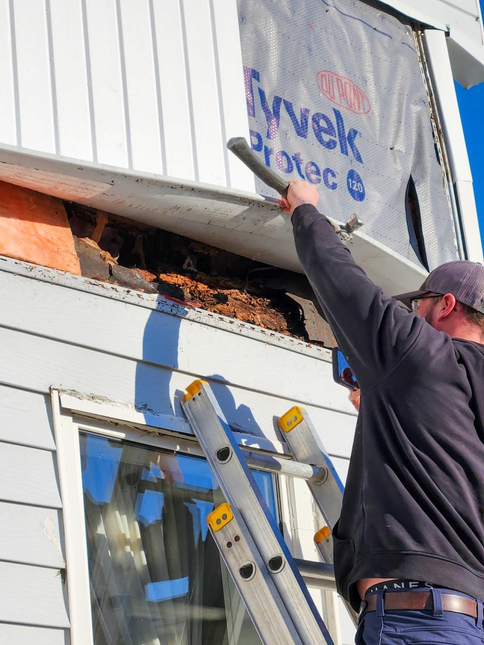 A worker lifts the siding off 119 Guilford St., Saint John, to explose the rotten wood beneath. 