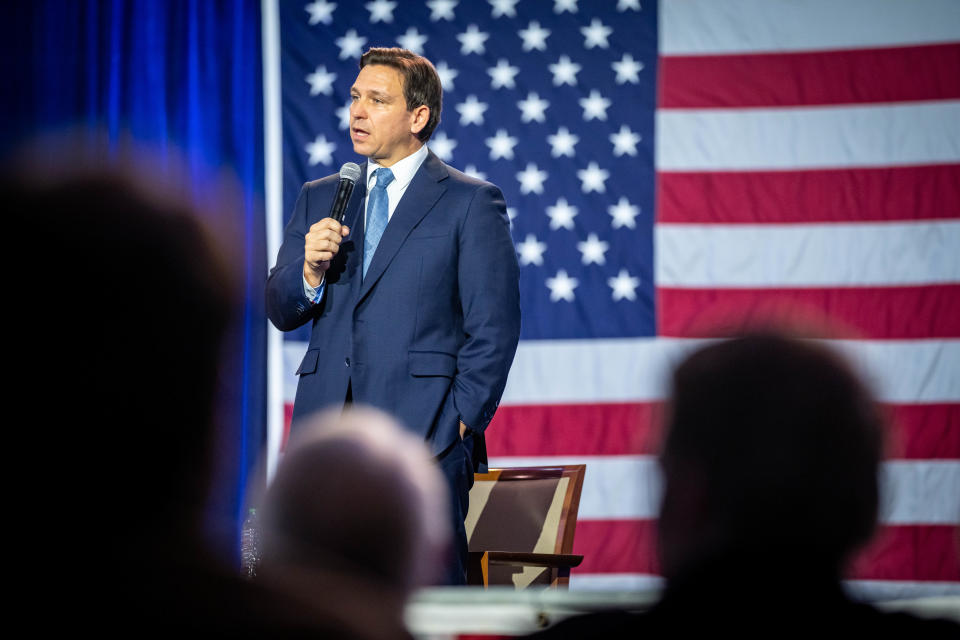 Florida Gov. Ron DeSantis speaks at an event in Des Moines, Friday, March 10, 2023. 