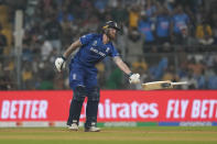 England's Ben Stokes reacts after his dismissal during the ICC Men's Cricket World Cup match between South Africa and England in Mumbai, India, Saturday, Oct. 21, 2023. (AP Photo/ Rafiq Maqbool)
