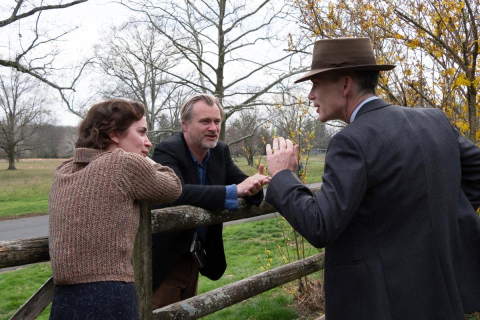 Emily Blunt, Christopher Nolan (center) and Cillian Murphy on set of ‘Oppenheimer’ (AP)