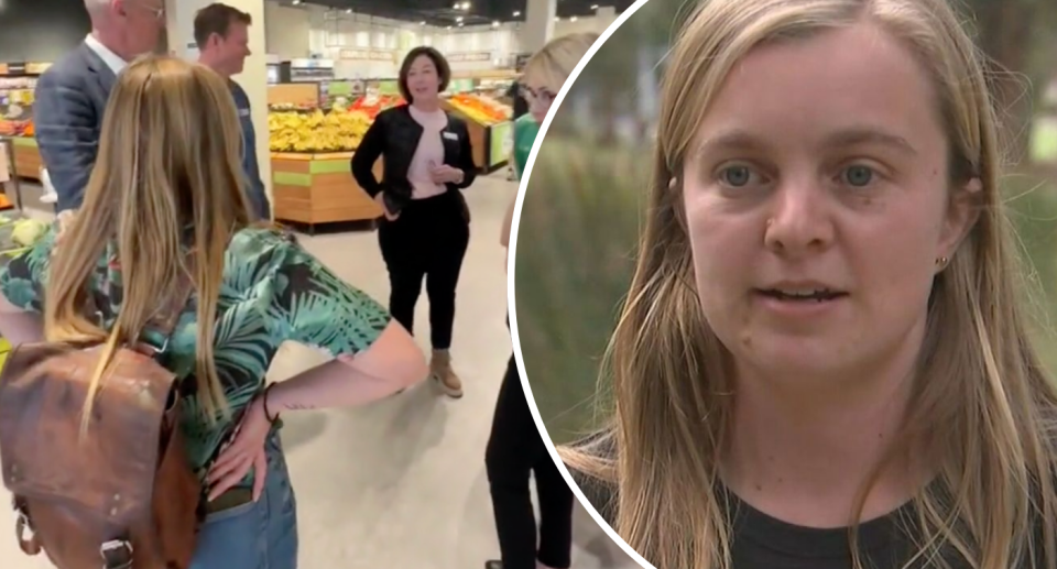 Aussie shopper Megan Guy confronting Woolworths CEO Amanda Bardwell