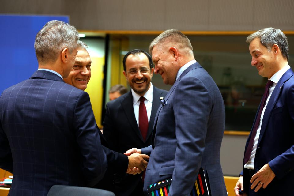 From left, Slovenia's Prime Minister Robert Golob, Hungary's Prime Minister Viktor Orban, Cypriot President Nikos Christodoulides, Slovakia's Prime Minister Robert Fico and Belgium's Prime Minister Alexander De Croo speak during a round table meeting at an EU summit in Brussels (Copyright 2023 The Associated Press. All rights reserved)