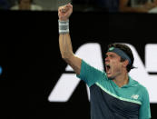 Canada's Milos Raonic celebrates after defeating Switzerland's Stan Wawrinka in their second round match at the Australian Open tennis championships in Melbourne, Australia, Thursday, Jan. 17, 2019. (AP Photo/Aaron Favila)