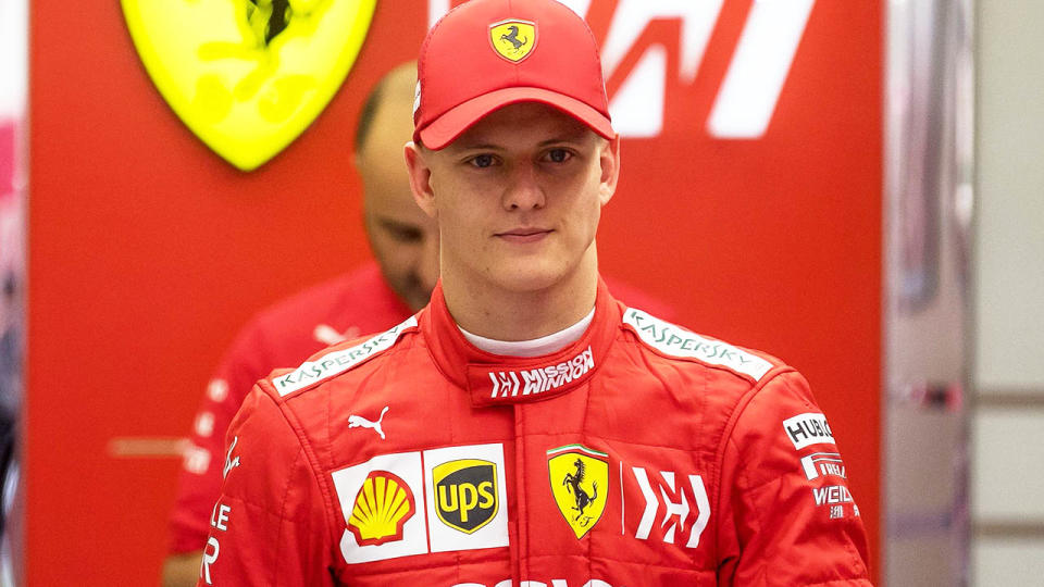 Mick Schumacher walks out of the garage after his first laps for Ferrari at the in-season test in Bahrain. (Photo by ANDREJ ISAKOVIC/AFP/Getty Images)