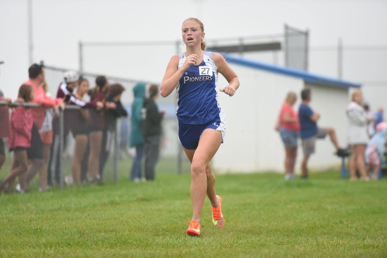 Croswell-Lexington's Morgan Newton heads to the finish line during a meet earlier this season.