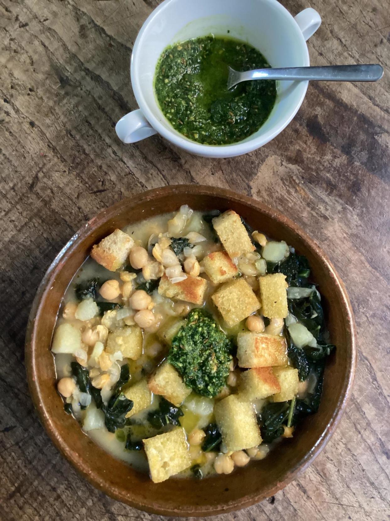 <span>Rachel Roddy’s chickpea, kale and potato soup with cumin pesto.</span><span>Photograph: Rachel Roddy/The Guardian</span>