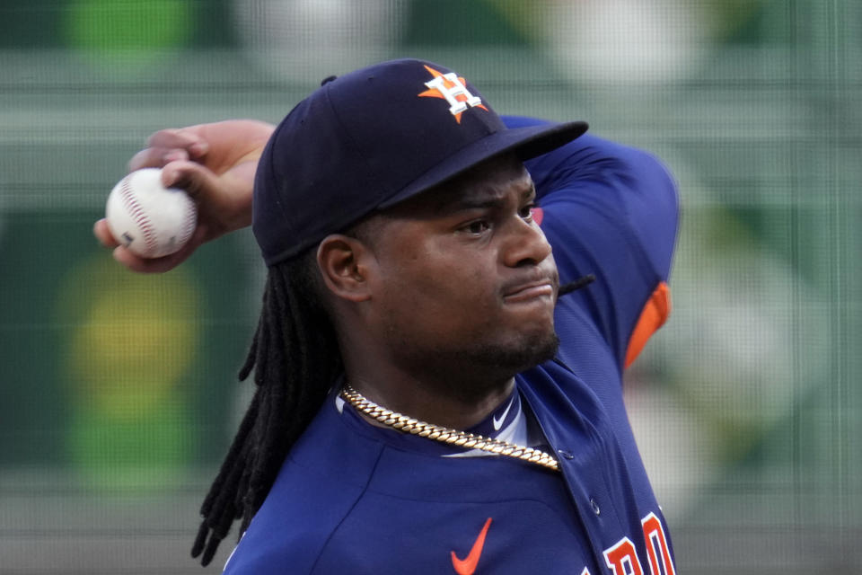 Houston Astros starting pitcher Framber Valdez delivers during the first inning of a baseball game against the Pittsburgh Pirates in Pittsburgh, Monday, April 10, 2023. (AP Photo/Gene J. Puskar)