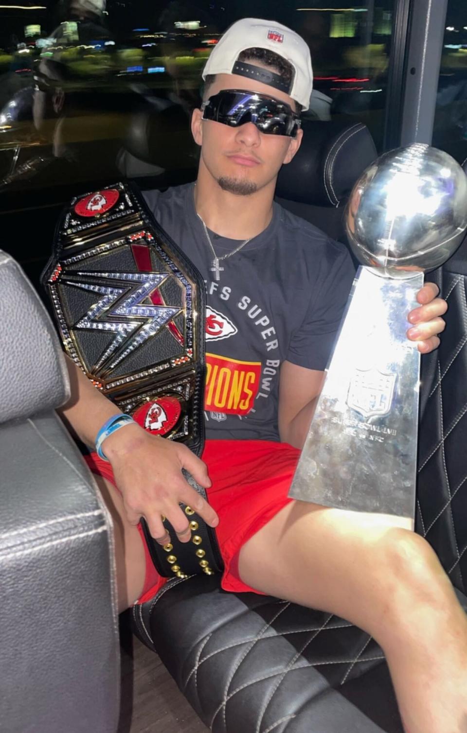 Patrick Mahomes Shares Photo with Vince Lombardi Trophy and WWE Belt After Super Bowl 2023 Win