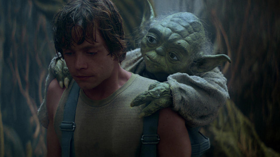 Luke Skywalker carries Yoda on his back in The Empire Strikes Back