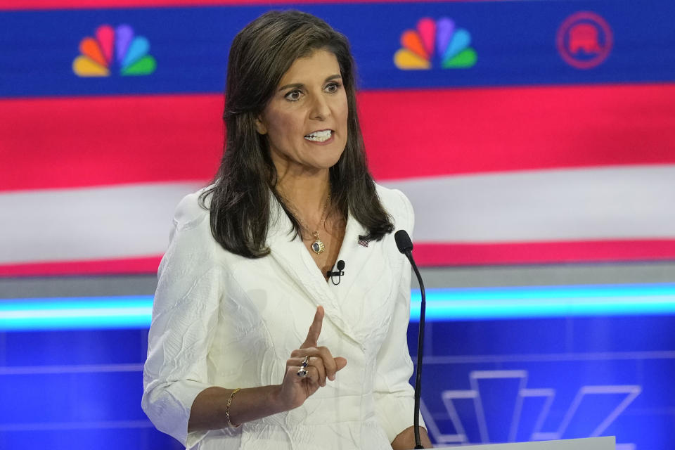 Republican presidential candidate former U.N. Ambassador Nikki Haley speaks during a Republican presidential primary debate hosted by NBC News, Wednesday, Nov. 8, 2023, at the Adrienne Arsht Center for the Performing Arts of Miami-Dade County in Miami. (AP Photo/Rebecca Blackwell)