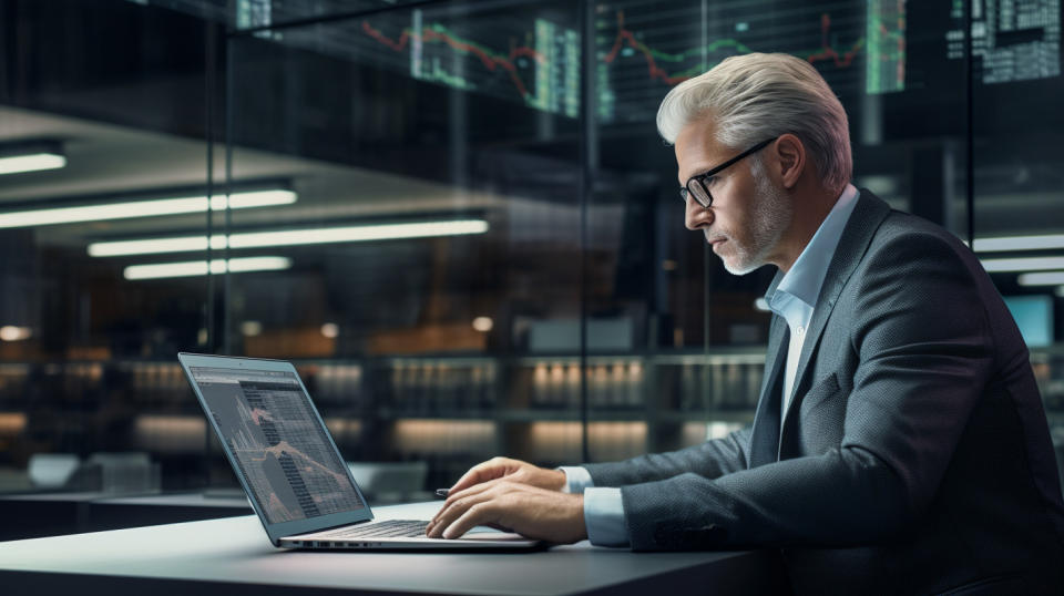 An experienced financial analyst working on a laptop in a modern office setting.