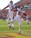 Wide receiver Sterling Shepard #3 of the Oklahoma Sooners celebrates with wide receiver Lacoltan Bester #81 after scoring a touchdown during the second quarter against the Iowa State Cyclones on November 3, 2012 at Jack Trice Stadium in Ames, Iowa. Oklahoma lead Iowa State 27-20 at the half. (Photo by Matthew Holst/Getty Images)