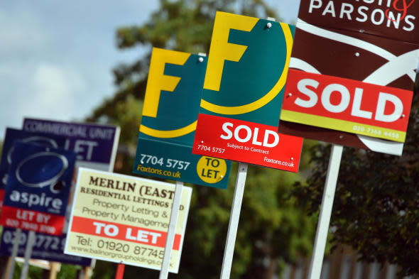 Embargoed to 0001 Thursday March 6File photo dates 09/08/13 of Estate Agent's boards as the Government has failed to demonstrate whether its ?3.7 billion Help To Buy equity loan mortgage scheme is giving value for money, the spending watchdog has warned. PRESS ASSOCIATION Photo. Issue date: Thursday March 6, 2014. The scheme was launched in England last April with the aim of offering credit-worthy buyers with a deposit of at least 5% a helping hand onto the property ladder as well as increasing the housing supply by being targeted at new-build properties only. But the National Audit Office (NAO) found there is no method in place to measure what the 