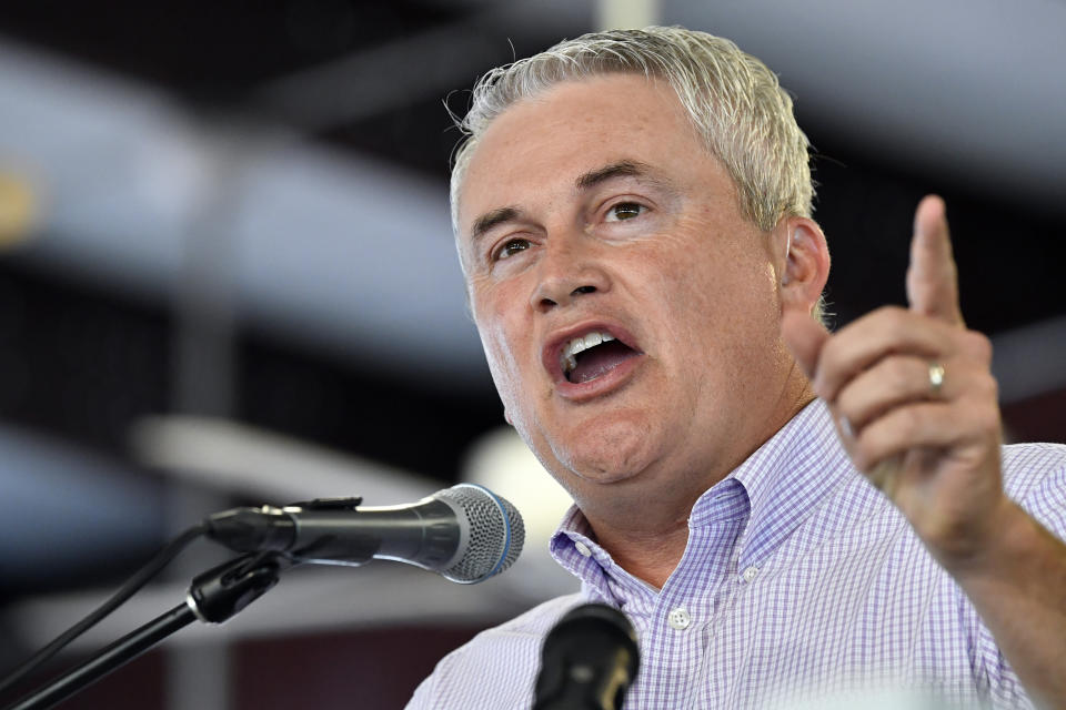 FILE - Rep. James Comer, R-Ky., addresses the audience gathered at the Fancy Farm Picnic in Fancy Farm, Ky., Aug. 3, 2019. (AP Photo/Timothy D. Easley, File)