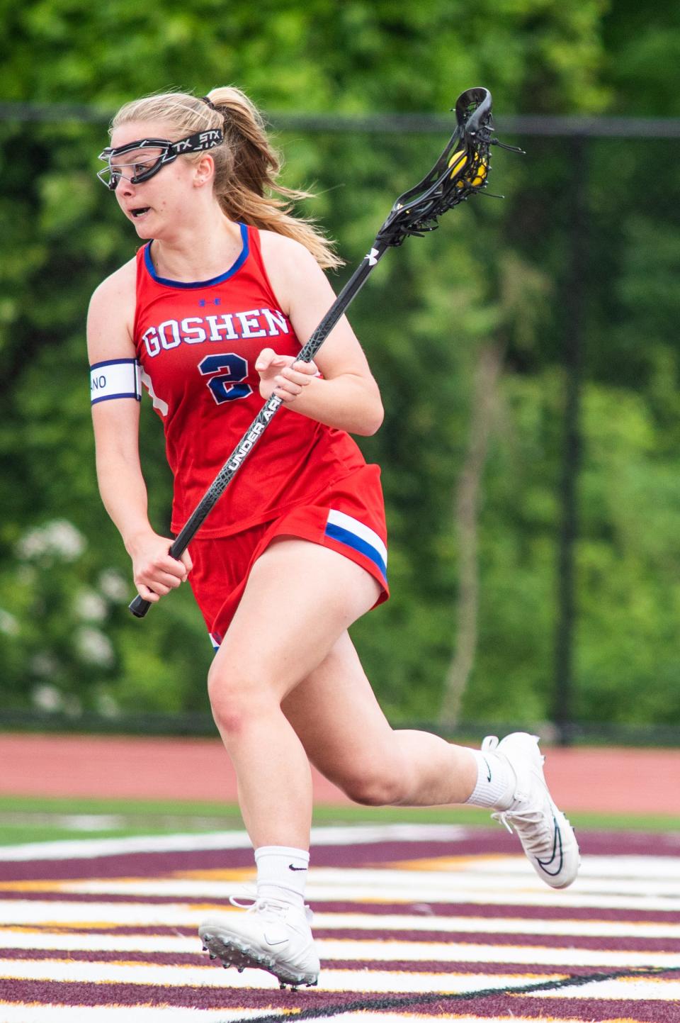 Goshen's Grace Gardner runs down field during the Section 9 class C girls lacrosse championship game at O'Neill High School in Goshen, NY on Thursday, May 26, 2022. Saugerties defeated Goshen 11-8. KELLY MARSH/FOR THE TIMES HERALD-RECORD