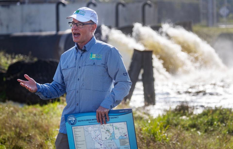 Steve Davis, Chief Science Officer for The Everglades Foundation, discusses current restoration efforts and water quality improvements while talking with media members Friday, March 8, 2024.