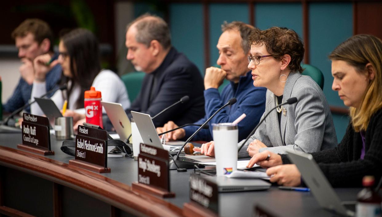 Bloomington City Council President Isabel Piedmont-Smith, right, conducts business during a meeting on April 3, 2024. To her right are council Vice President Andy Ruff and member Dave Rollo.