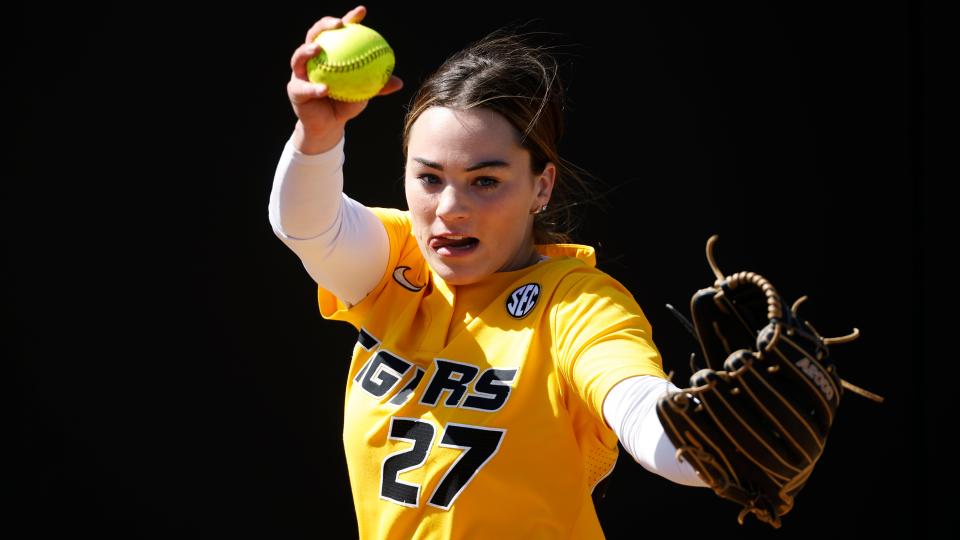 Missouri pitcher Megan Schumacher during an NCAA college softball game on Wednesday, April 27, 2022, in Columbia, Mo.