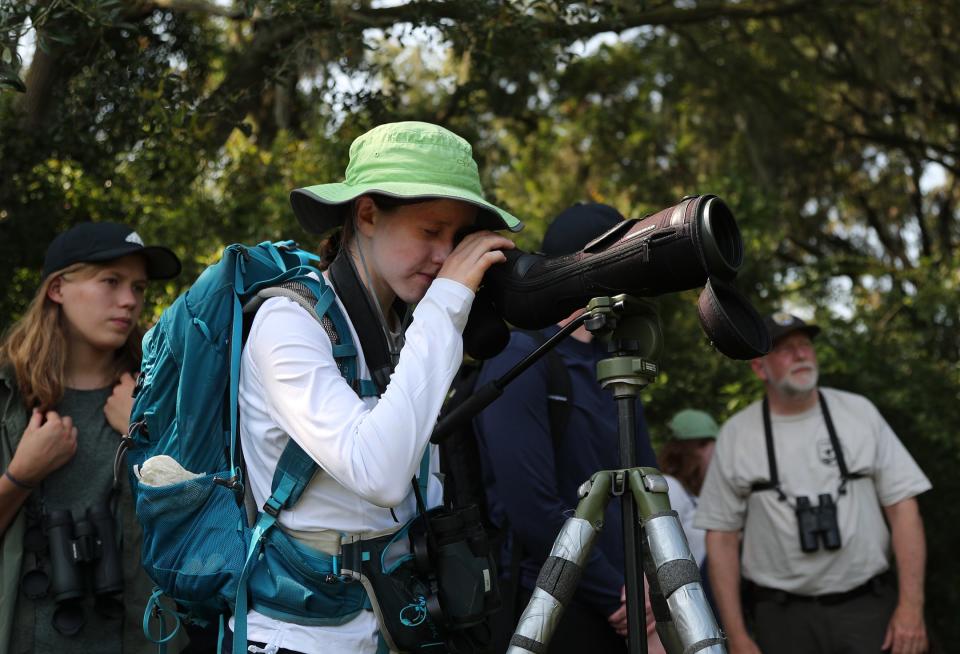 Camp TALON intern Sophie Cox looks through a scope to get a better view of nesting waterfowl during a visit to Harris Neck Wildlife Refuge on Tuesday, June 6, 2023. Cox is studying biology at Duke University looking to work in fields like conservation, wildlife ecology.