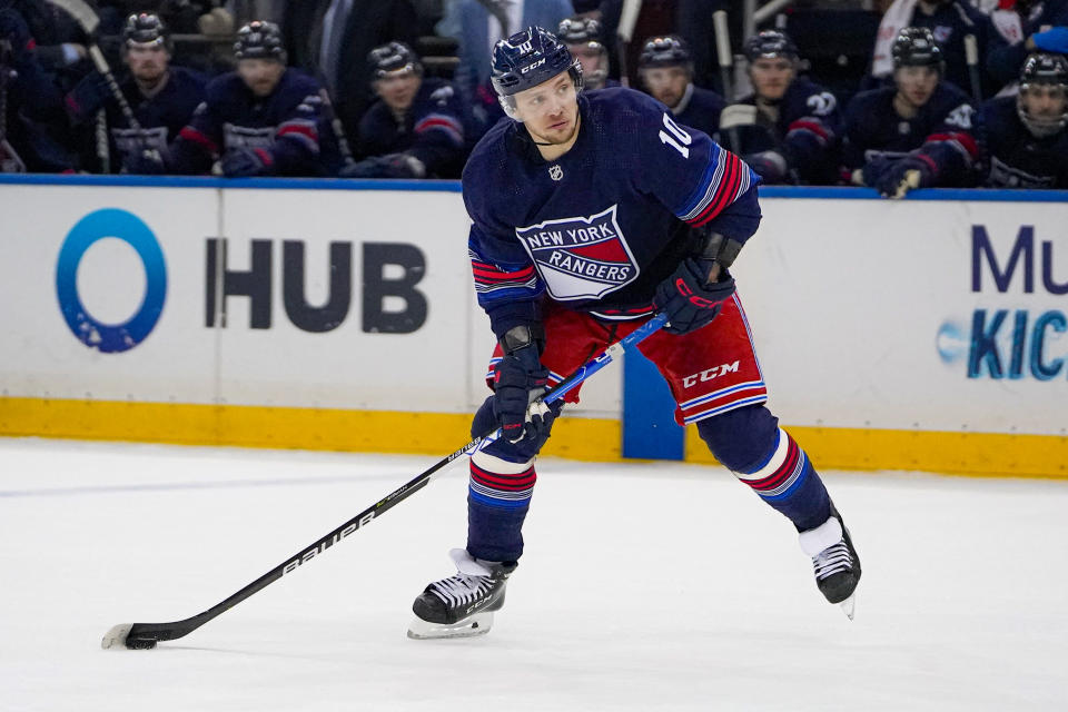 New York Rangers left wing Artemi Panarin (10) looks to shoot during overtime of an NHL hockey game against the Buffalo Sabres in New York, Saturday, Dec. 23, 2023. (AP Photo/Peter K. Afriyie)