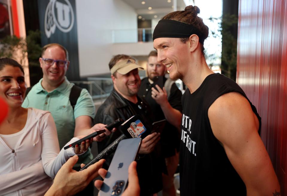 Utah Runnin’ Utes guard Gabe Madsen talks to media before practice at the Jon M. and Karen Huntsman Basketball Facility in Salt Lake City on Tuesday, Sept. 26, 2023. | Kristin Murphy, Deseret News