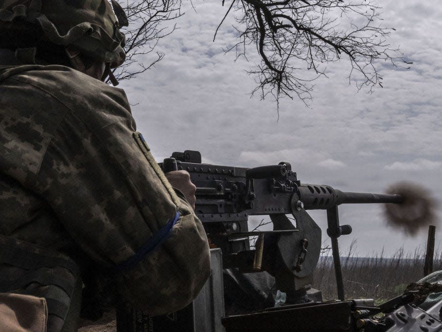 Ukrainian soldiers fire targets on the front line in the direction of the city of Ugledar, Donetsk, Ukraine as Russia-Ukraine war continues on April 18, 2023