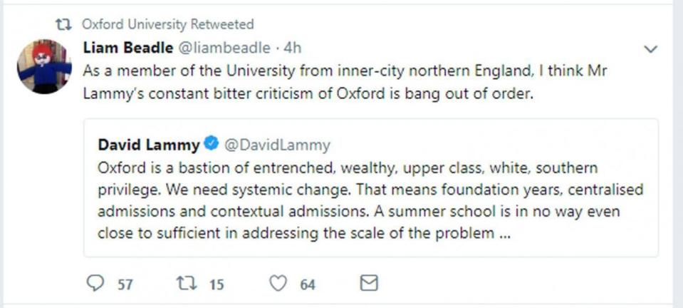 Oxford University shared the criticism of the MP on its official Twitter account