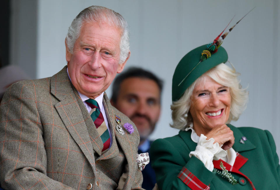 BRAEMAR, UNITED KINGDOM - SEPTEMBER 03: (EMBARGOED FOR PUBLICATION IN UK NEWSPAPERS UNTIL 24 HOURS AFTER CREATE DATE AND TIME) Prince Charles, Prince of Wales and Camilla, Duchess of Cornwall attend the Braemar Highland Gathering at The Princess Royal and Duke of Fife Memorial Park on September 3, 2022 in Braemar, Scotland. (Photo by Max Mumby/Indigo/Getty Images)